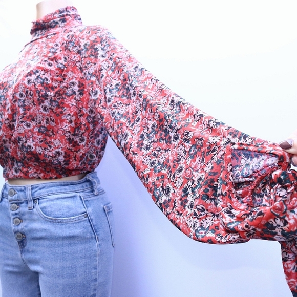 Free People All Dolled Up Red Floral Print Mesh Long Sleeve Crop Top, Size XS - Picture 4 of 10